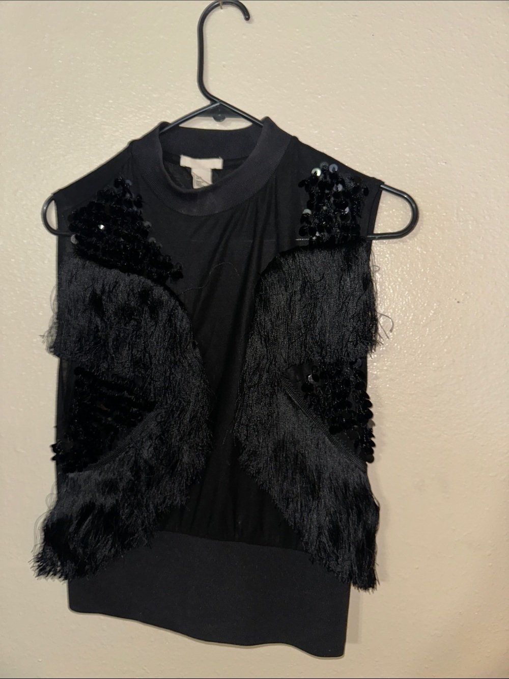 H&M Black Sequin & Fringe Mock-Neck Top and skirt